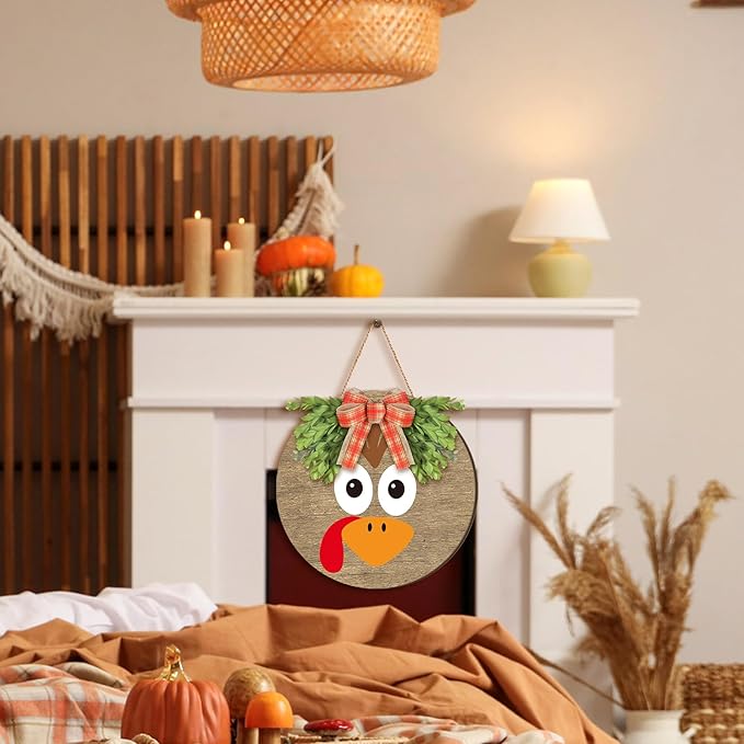 Boao 12 Inch Thanksgiving Door Decoration Turkey Wooden Sign for Front Door Decor Thanksgiving Sign with Bow Wall Art Hanging Wreath Decorations for Harvest Home Outdoor Farmhouse Porch Hanger