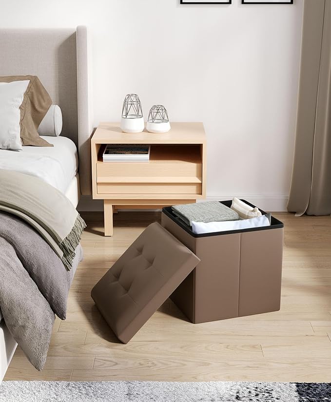 15 Inches Small Folding Storage Ottoman Cube, Storage Footrest, Foot Rest Stool, for Living Room, Bedroom, Dorm, Hallway, Entryway, Brown