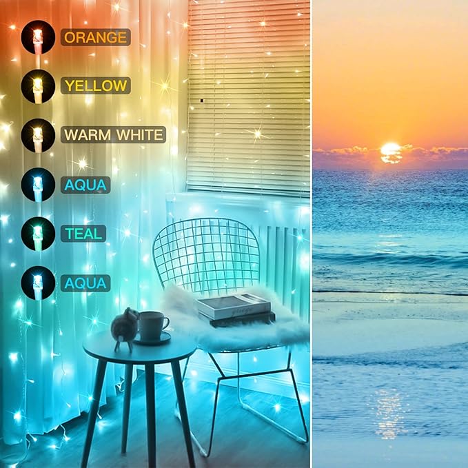 suddus Curtain Lights, 180 Led 6.5 * 5.9ft Sunset Curtain Fairy Lights USB, Hanging Lights for Bedroom, Backdrop, Room Decor, Wall, Window, Party, Tapestry, Multicolor