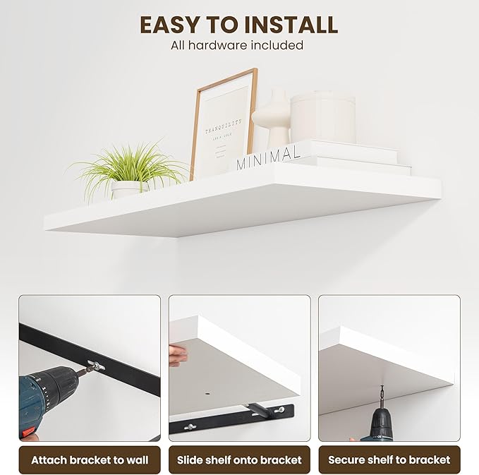 24" Floating Shelves for Wall, 12" Deep Slim White Floating Shelves, Wall-Mounted Shelves for Bedroom, Living Room, Kitchen, Bathroom - Set of 2