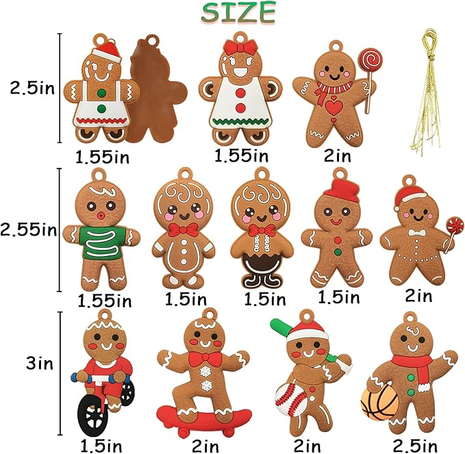 12pcs Christmas Gingerbread Man Ornaments for Christmas Tree Decorations Assorted Plastic Gingerbread Figurines Xmas Holiday Decorations 3 Inch Tall
