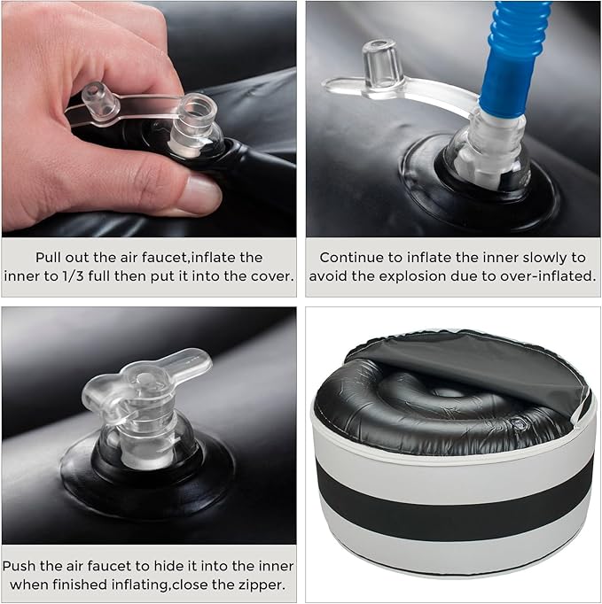 Inflatable Outdoor Ottoman with Air Pump,20"x9" Portable Patio Pouf,Water Resistant,Fade-Resistant,Round Blow Up Footrest Stools for Home Garden Camping Travel(Black White)