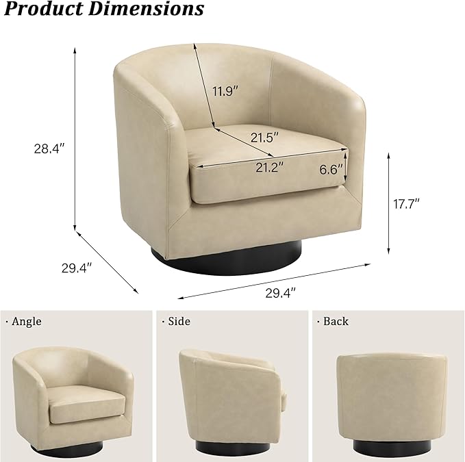 Swivel Barrel Accent Chair, Modern Round Faux Leather Arm Chair for Living Room, Bedroom, Comfy Club Reading Chairs for Adults, Faux Leather, Cream, Set of 1