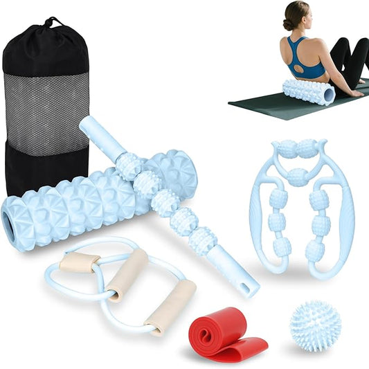 7 in 1 Foam Roller,Products Include Foam shafts,Muscle Roller Bars,Leg Massagers,Fascia Balls,Stretch Bands,8-Shaped Resistance Bands,are Used for Full-Body Relax,Yoga(White Pink Blue) (Blue)