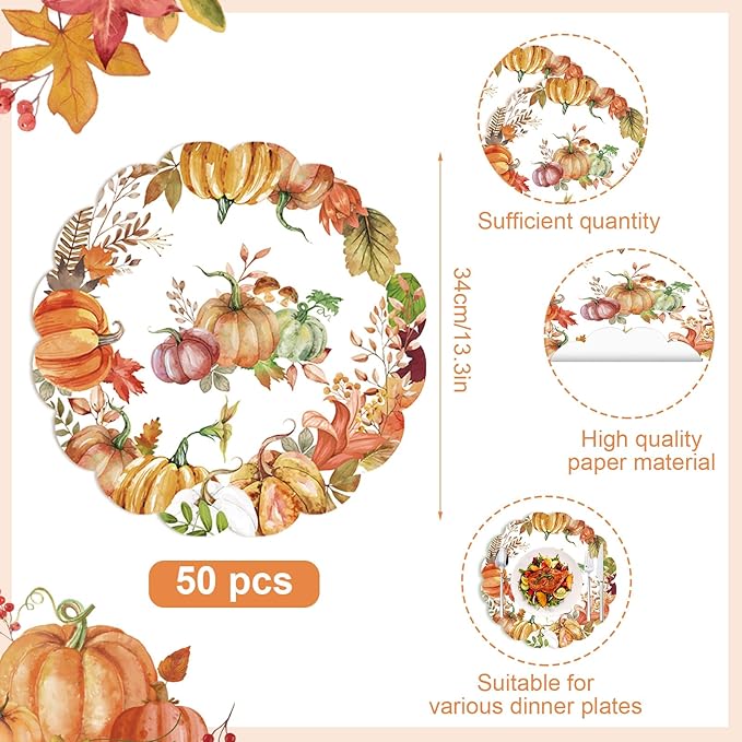 50Pcs Fall Round Paper Placemats,13.4 Inch Autumn Pumpkin Round Table Mats Fall Oval Scalloped Disposable Placemats for Harvest Birthday Thanksgiving Party Supplies