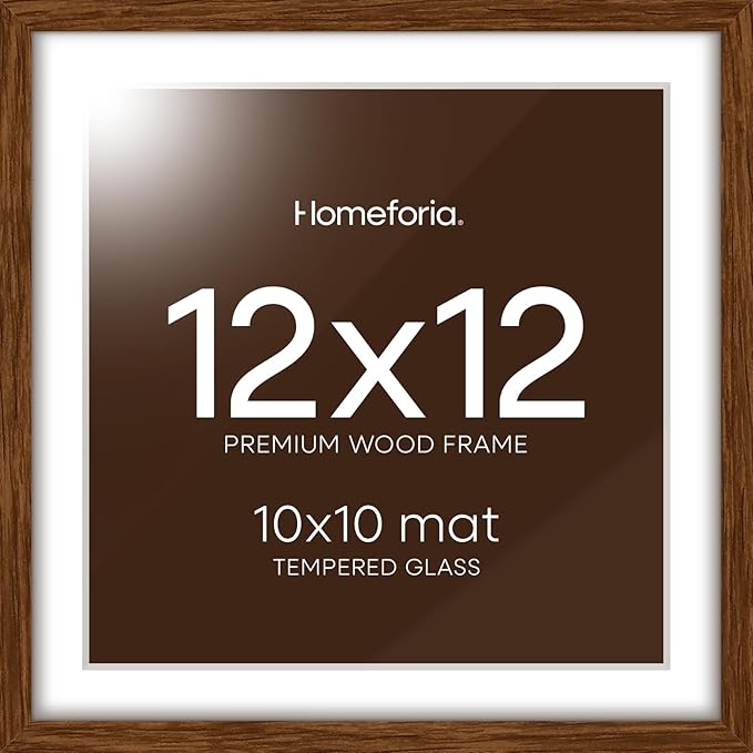 Homeforia 12x12 Frame Brown Wood, High End Dark Oak 12 x 12 Square Picture Frame with Mat 10 x 10 for Photo, 12by12 Wooden Walnut Poster Frame Matted to 10x10 Print, Tempered Glass, Wall Kit, Set of 1