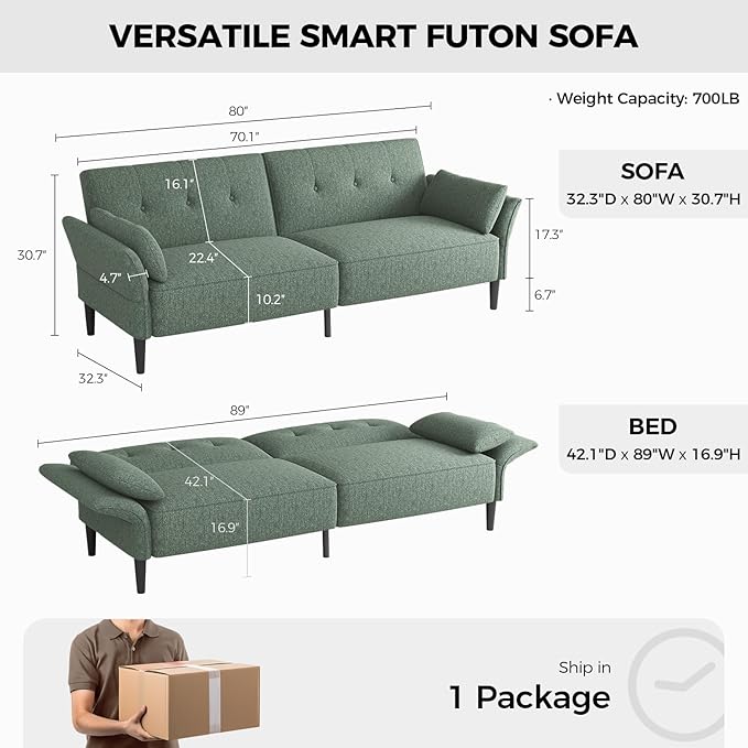 89” Futon Sofa Bed, Linen Comfy Futon Couch Bed with 2 Square Pillows, Convertible Sleeper Sofa with Adjustable Backrest& Armrests, Modern Loveseat Sleeper for Living Room, Bedroom, Green