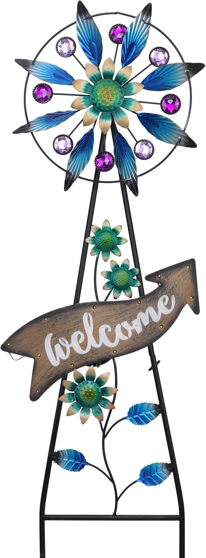 TERESA'S COLLECTIONS Peacock Garden Solar Stake, Wind Spinner Yard Art Sign for Outdoor Decor, Metal Purple Floral Windmill Decorative Garden Stake for Lawn Ornaments, Gifts for Mom, 37''