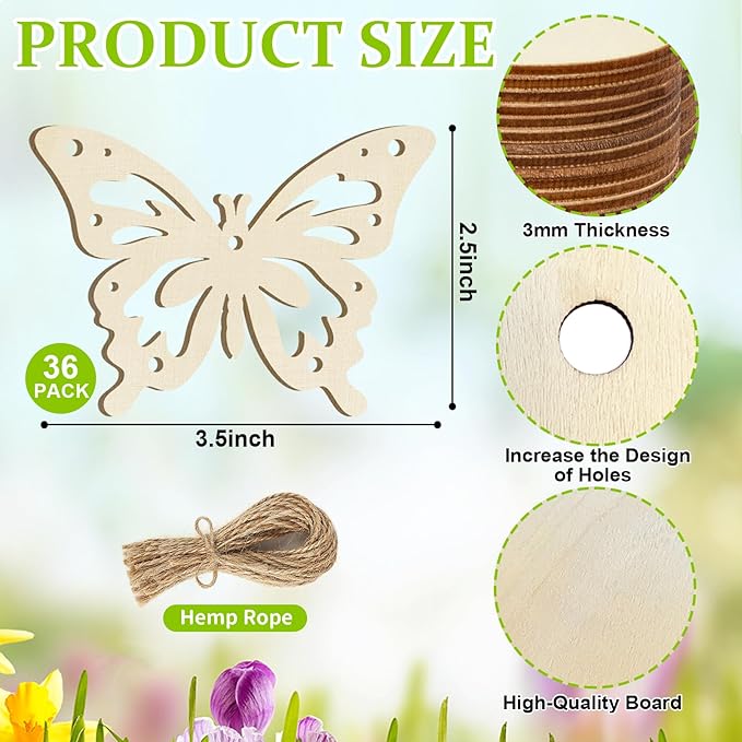 36PCS Wooden Hollow Butterfly Ornaments to Paint, 6 Styles DIY Blank Unfinished Wood Cutouts Ornament for Crafts Hanging Decorations Summer