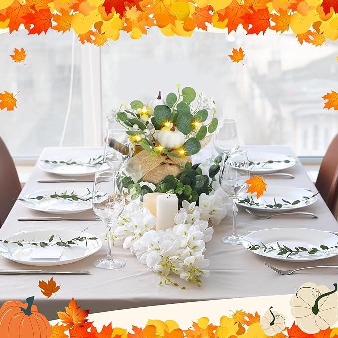 Janinka 2 Set 11 Inch Fall Decorations for Home White Pumpkins Eucalyptus Tables Centerpieces Artificial Pine Cones Berry Stem Picks Decor with 20 LED Lights for Autumn Thanksgiving Decorations