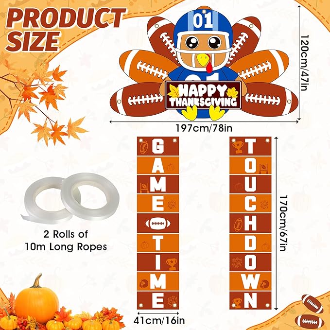 Thanksgiving Football Turkey Party Porch Banner Turkey Door Banner for Thanksgiving Decorations Hanging Porch Sign for Football Party Supplies Photo Backdrop Indoor Outdoor Wall Front Door Cover