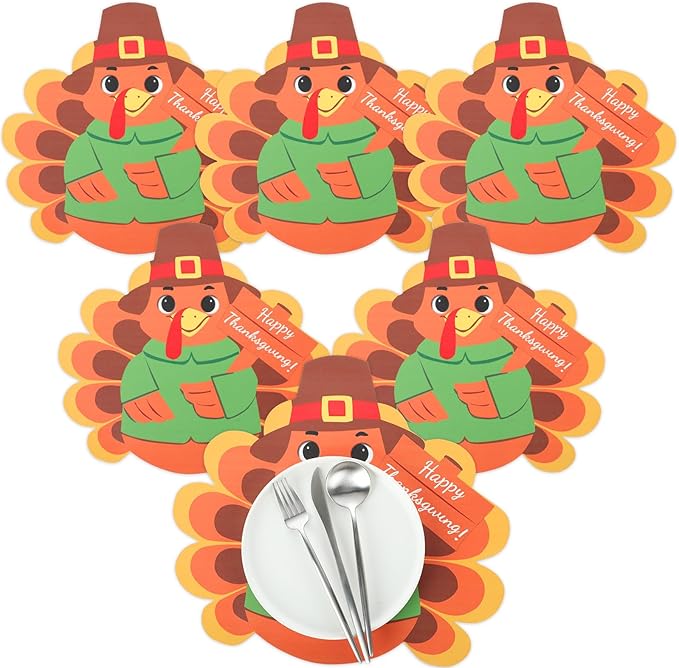 Remerry 6 Pcs Thanksgiving Leather Table Placemats Washable Turkey Table Mats Turkey Gobble Placemats Easy to Clean Thanksgiving Day Leather Place Mats for Fall Harvest Party Kitchen Dining Decoration