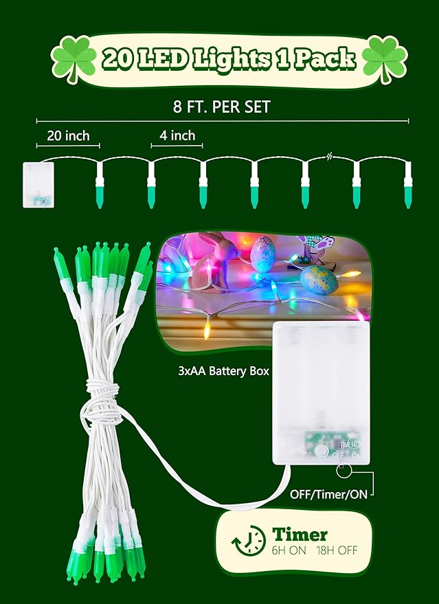 St. Patrick's Day Green Mini Lights, 8ft 20 LED Battery Operated String Lights with Timer, Christmas Tree Lights for Indoor Outdoor Bedroom Wedding Party Holiday Xmas Decoration