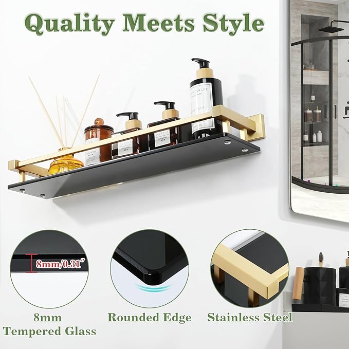 Alise Bathroom Shelves,Gold Glass Shelf for Bathroom, Modern Floating Shelves,20 inch