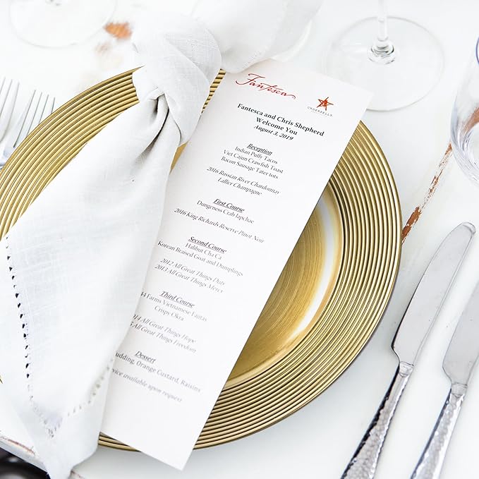 13" Round Charger Plates, 6 pack Ring Pattern Plastic Chargers for Dinner Plate, Vintage Charger Plates Bulk Wedding, Metallic Foil Gold