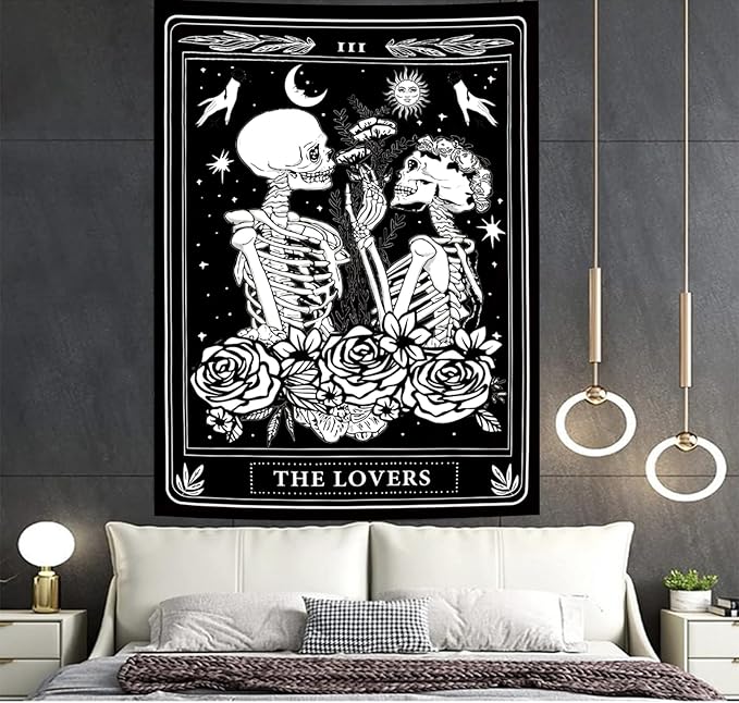 Onivein The Lovers Skull Tapestry Gothic Tapestry Vertical Black and White Skeleton Gothic Witch Sun Moon Floral Plant Snake Tapestries Wall Hanging Decor for Bedroom Dorm Room 30 x 40 Inches