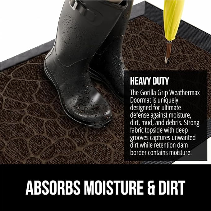 GORILLA GRIP 100% Waterproof All-Season WeatherMax Doormat 35x23, US Designed Natural Rubber, Stain and Fade Resistant, Low Profile Indoor Outdoor Door Mats, Easy Clean Patio Mat, Dark Brown Pebble