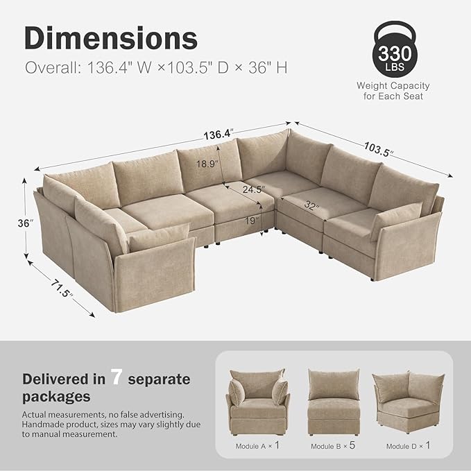 136.4" Oversized Modular Sectional Sofa, U Shaped Convertible Couch with Movable Ottoman, Large 7 Seat Corner Couches for Living Room Deep Seat Beige Chenille