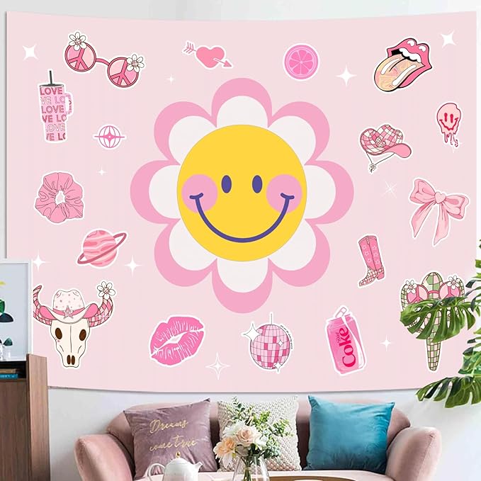 Lunerfex Y2K Tapestry Pink Sun Wall Tapestry, Cute Tapestries for Bedroom Funny Tapestries Wall Hanging for Bedroom Living Room Decor Pink-7 44"x60"