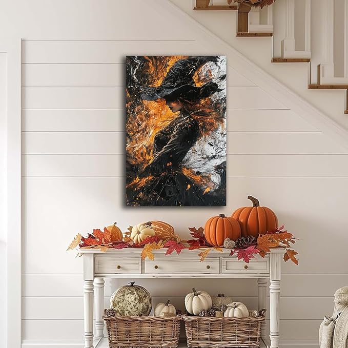 Witch Canvas Poster Print, Dark Academic Picture Wall Decor, Modern Fashion Aesthetic Abstract Witchcraft Halloween Wall Art For Bedroom Living Room Hallway Decoration,24"x36" Framed