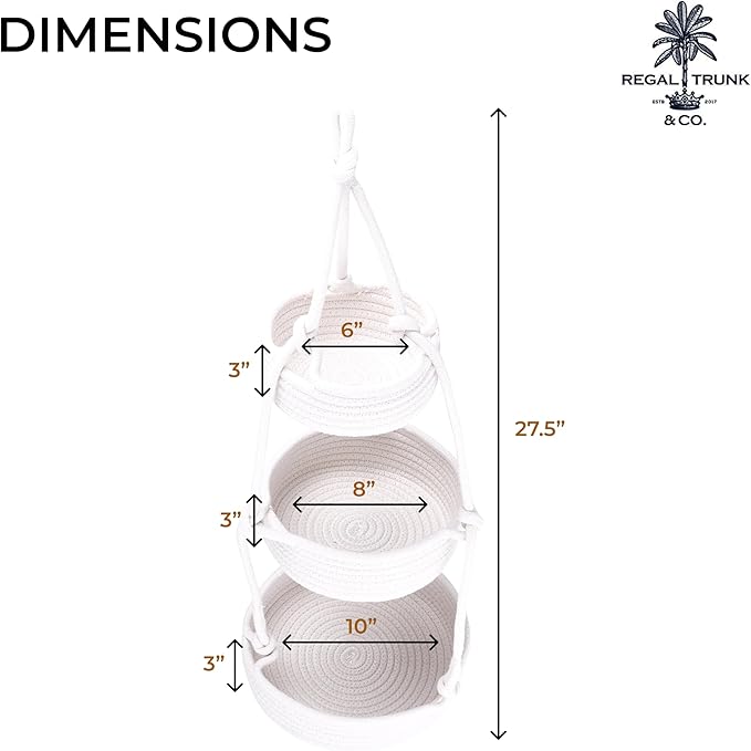 REGAL TRUNK Hanging Fruit Baskets for Kitchen - 3 tiers Fruit Baskets Hanger - Macrame Fruit Hammock - White Boho Wall Decor - Produce and Vegetable Tiered Storage Holder - 3x10x27.5 in