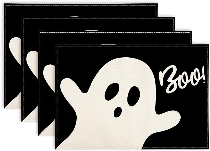 Halloween Ghost Placemats Black Cute Ghost Boo Table Mats 12 x 18 Inch Trick or Treat Kitchen Place Mats for Party Home Dining Table Decoration, Set of 4