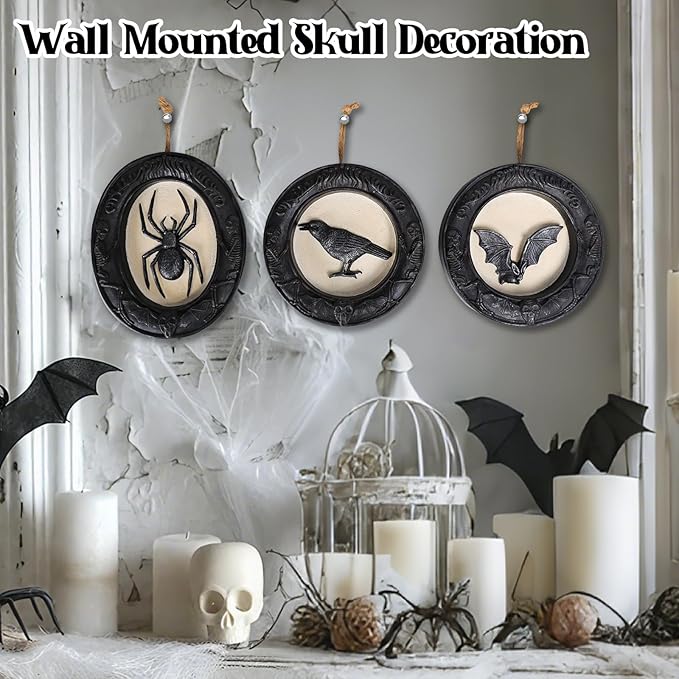 Ovewios Halloween Wall Art Decorations, Retro Gothic Framed Spooky Hanging Decor, Pack of 3 Resin Black Animal Head Wall Sculptures for Indoor Halloween Party Home Decorations