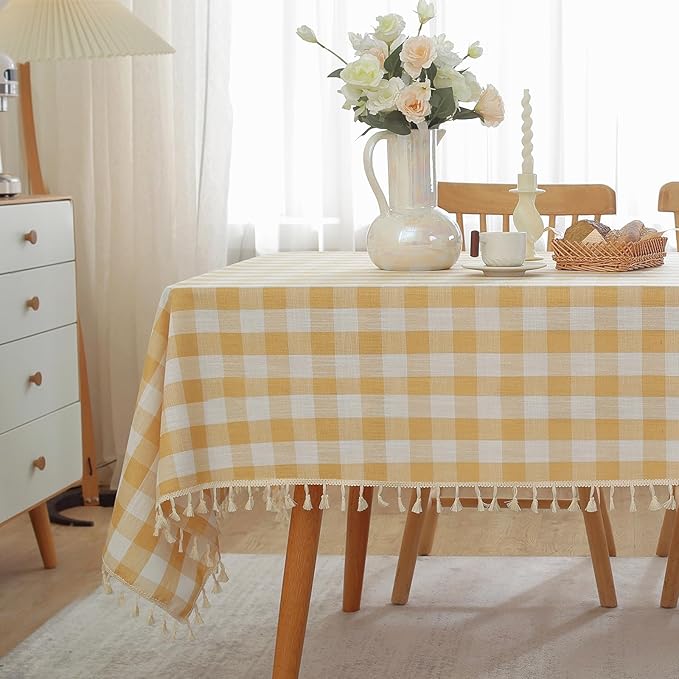 JIALE Gingham Tablecloth Rectangle Cotton Linen Fabric Checkered Table Cloth with Tassel Washable Wrinkle Free Buffalo Plaid Table Cover for Outdoor Party Picnic Kitchen Dining, Yellow,55x120