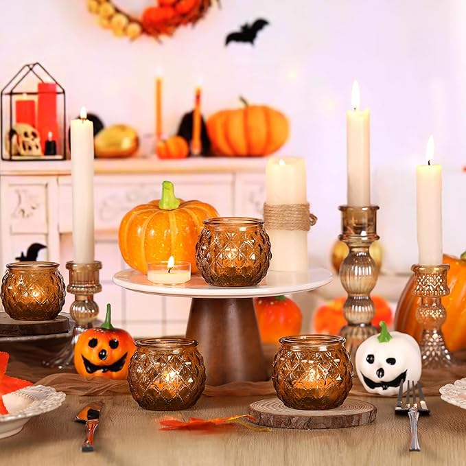 Amber Votive Candle Holders Set of 24 - Round Glass Candle Holders for Table Centerpiece, Tea Lights for Home & Vintage Wedding Decorations