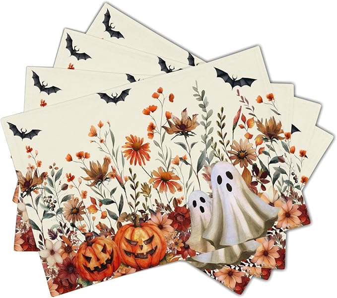 Halloween Placemats Set of 4 Vintage Wildflower Pumpkin Ghost Bat Place Mats 12x18 Inch Rustic Retro Spooky Washable Table Mats for Party Kitchen Dining Decoration