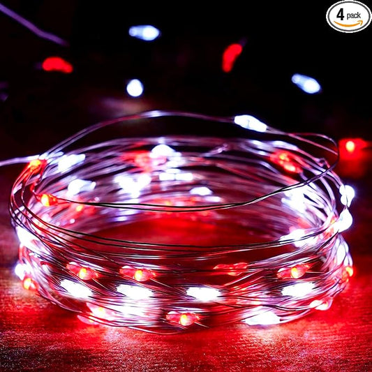 4-Pack Red and White Fairy Lights Battery Operated with Timer, Waterproof 16FT 50 LED String Lights Outdoor Indoor, Christmas Lights for Bedroom Home Wedding Birthday Xmas Parties and Centerpieces
