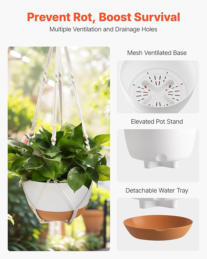 VEVOR Hanging Planters, 10 Inch Self-Watering Hanging Planter, 2 Pack Flower Pots with Drainage Hole & 2 Kinds of Plant Hangers, Plastic Basket Pots, for Garden Home Decor, Indoor & Outdoor Plants