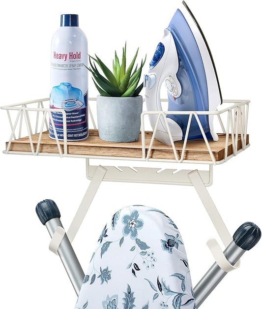 TJ.MOREE Ironing Board Hanger Wall Mount - Laundry Room Decor Iron and Ironing Board Holder with Large Storage Wooden Base Basket and Removable Hooks(T&V Shaped) Cream