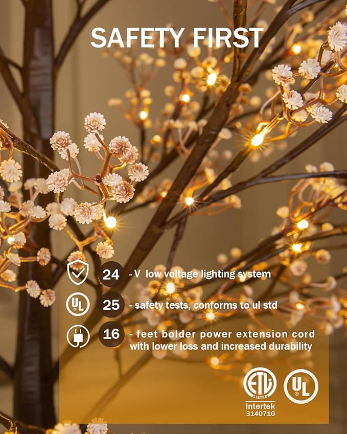 Lighted Baby's Breath Tree Set 4ft, 5ft and 6ft with 144/184/240 Warm White LED Lights for Holiday Decor - Dimmable, UL Certified, Waterproof - Ideal for Indoor and Outdoor Decoration