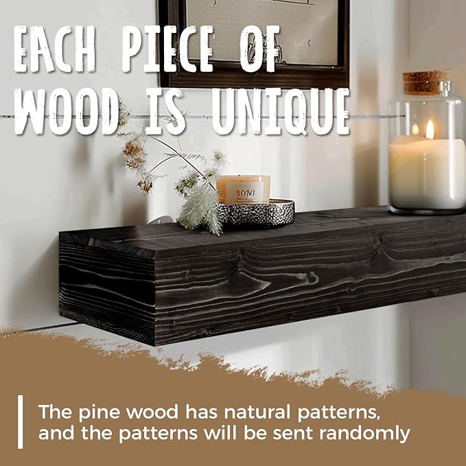 56x8x5 Fireplace Mantel - Handcrafted Hollow Rustic Solid Wood Wall Mounted Floating Shelf with Invisible Heavy Duty Wood Bracket (Weathered Black)