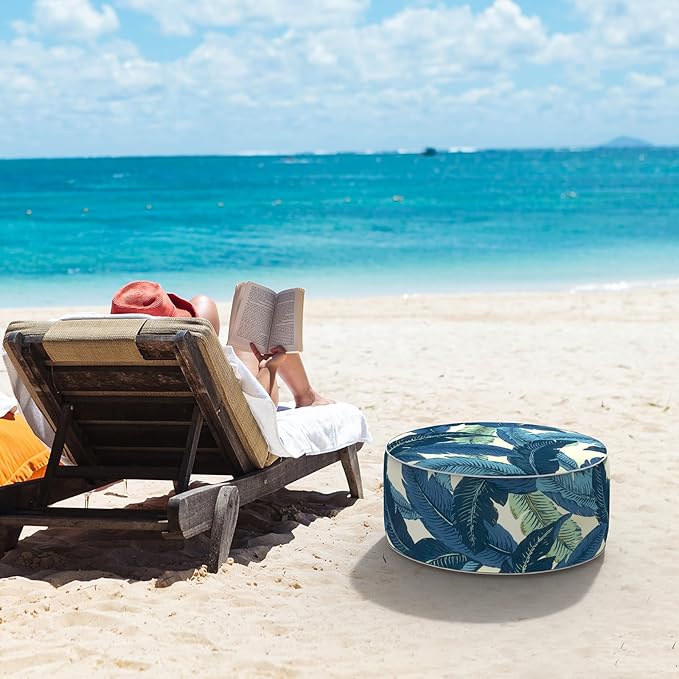 LVTXIII Inflatable Stool Ottoman Footrest with Handle, All Weather Foot Rest, Indoor or Outdoor Use for Home Patio Garden and Camping, D21 x H9, Swaying Palms Blue