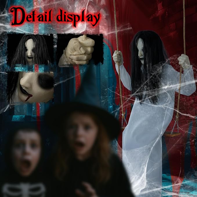 Halloween Decorations Outdoor Indoor Haunted Swinging Girl, Scary Ghost on Swing for Yard Porch, Creepy Motion Easy to Hang