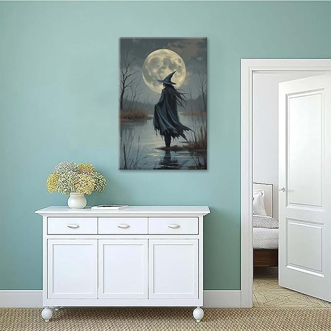 Witch in the moonlight magic canvas wall art enchanting Halloween home decor swamp witch silhouette oil painting mysterious gothic aesthetic wall decor print poster12x16in Wood Framed