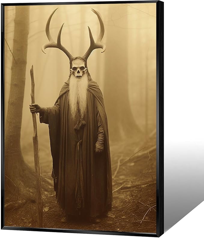 Skeleton Halloween Decor Occult Druid of the Forest Poster Canvas Wall Art Vintage Spooky Print Gothic Room Decor Dark Academia Decorations Bedroom Creepy Skull Picture 24X36inch Aluminum Framed