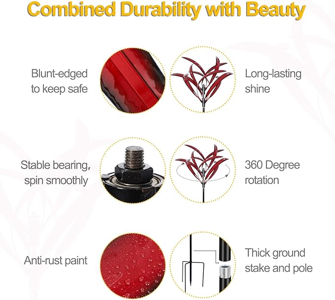 LimeHill Wind Spinner for Garden and Yard - Large Metal Kinetic Wind Sculptures Yard Art Outdoor (Burgundy 2)