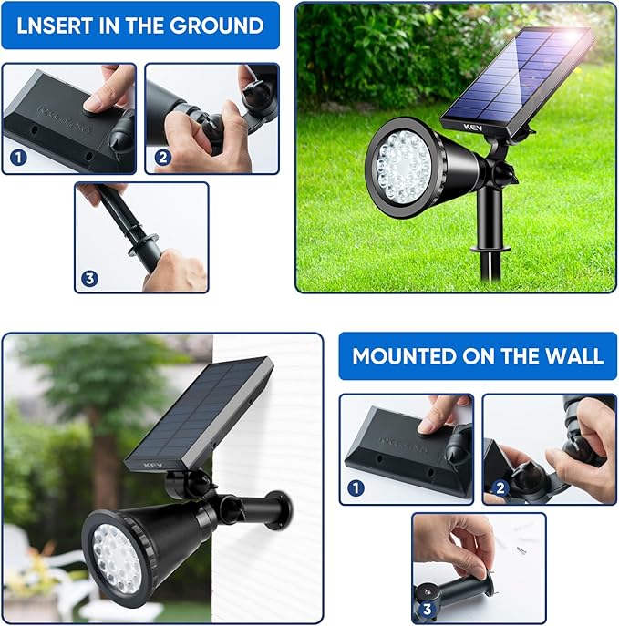 KEV 800 Lumens Solar Spot Lights Outdoor,18 LEDs Solar Flood Lights with 2 Modes &Adjustable &IPX65 Waterproof,Solar Spotlight for Driveway/Backyard/Patio Landscape/Tree/Garage(Cool White, 2 Pack)