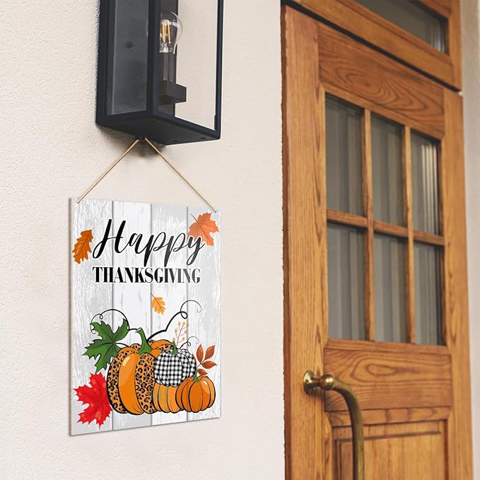 UDNADKEX Happy Thanksgiving Decorations Hanging Sign, Thanksgiving Decor Rustic Buffalo Plaid Pumpkin Wooden Wall Sign Decorations