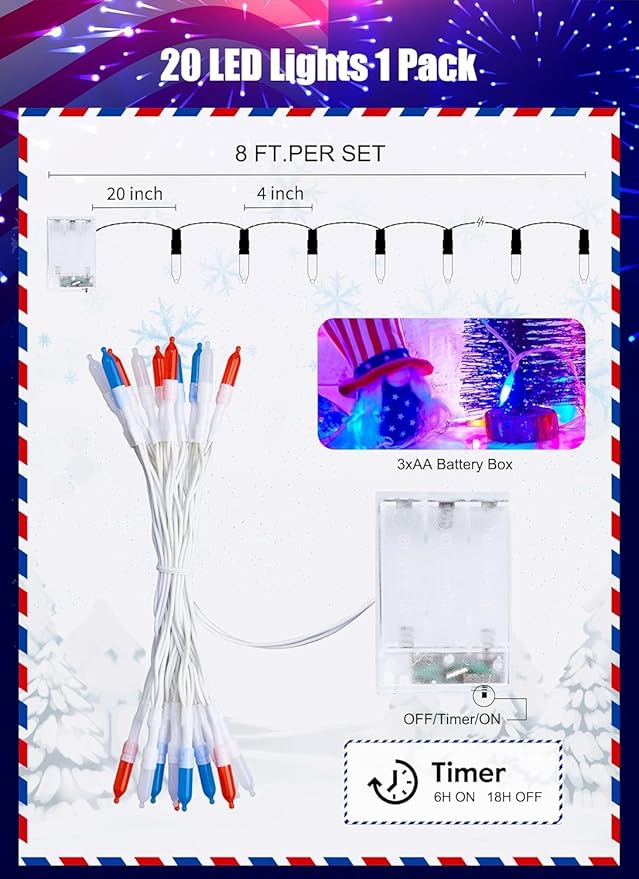 Battery Operated Independence Day String Lights - 8ft 20 LED 4th of July Decoration Patriotic Mini Lights with Timer, Waterproof for Indoor Outdoor Bedroom Wedding Party Holiday（Red White Blue）