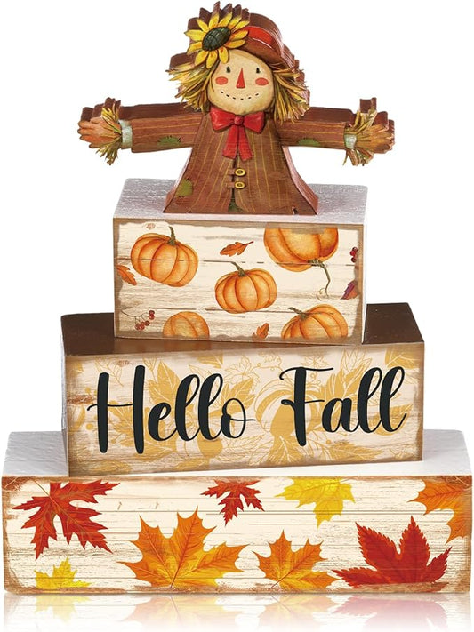 4 Pcs Fall Decor for Home Scarecrow Pumpkin Wooden Signs with Sayings Autumn Scarecrow Tiered Tray Decor Hello Fall Tabletop Centerpiece Maple Leaf Block Signs for Thanksgiving Office Kitchen Shelf