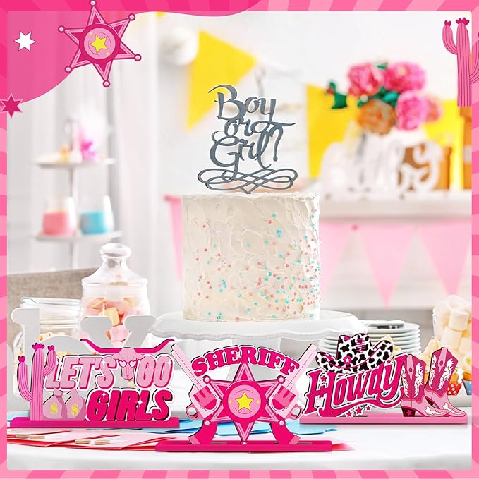6 Pcs Disco Cowgirl Party Decorations Pink Let's Go Girls Bachelorette Table Decorations Western Cowgirl Wooden Centerpieces for Last Disco Birthday Western Rodeo Party Supplies