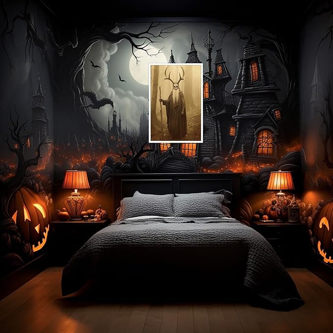 Skeleton Halloween Decor Occult Druid of the Forest Poster Canvas Wall Art Vintage Spooky Print Gothic Room Decor Dark Academia Decorations Bedroom Creepy Skull Picture 12X16inch Unframed