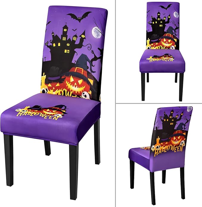 JQinHome Purple Halloween Chair Slipcover, Castle Chair Covers Set of 4, High Stretch Washable Chair Protector Cover for Dining Room, Kitchen,Home Party,Wedding Ceremony(Purple,4PC)