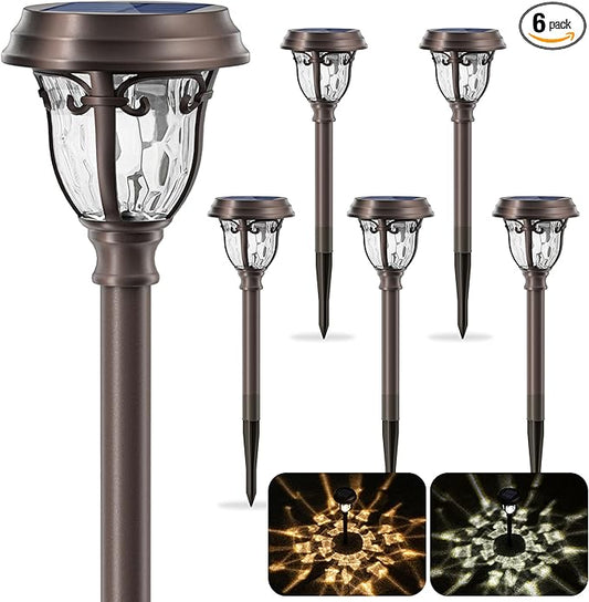 LeiDrail Solar Lights Outdoor Pathway, 6 Pack LED Glass Metal Solar Garden Lights with 2 Modes, Garden Decor for Yard Patio Landscape Walkway