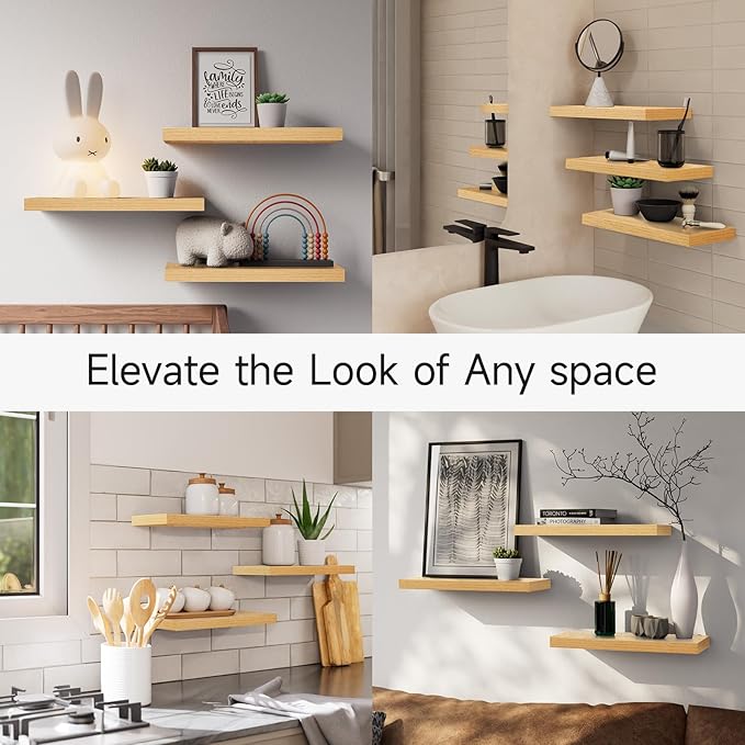 BAYKA Floating Shelves for Wall, 22.5 inches Wall Mounted Rustic Wood Shelves for Bathroom, Bedroom, Living Room, Floating Shelves for Books/Storage/Decor (Oak-Toned,Set of 3)