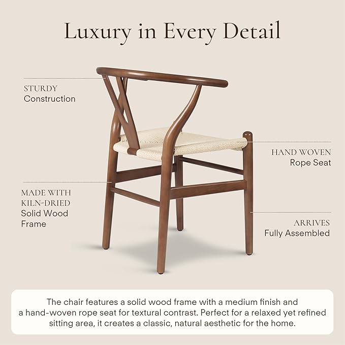 POLY & BARK Weave Dining Chair – Mid-Century Modern Wishbone Dining Chair with Arms, Solid Wood Frame, Indoor Use – Walnut – Single - Ideal for Dining Room, Kitchen or Stylish Accent Setting